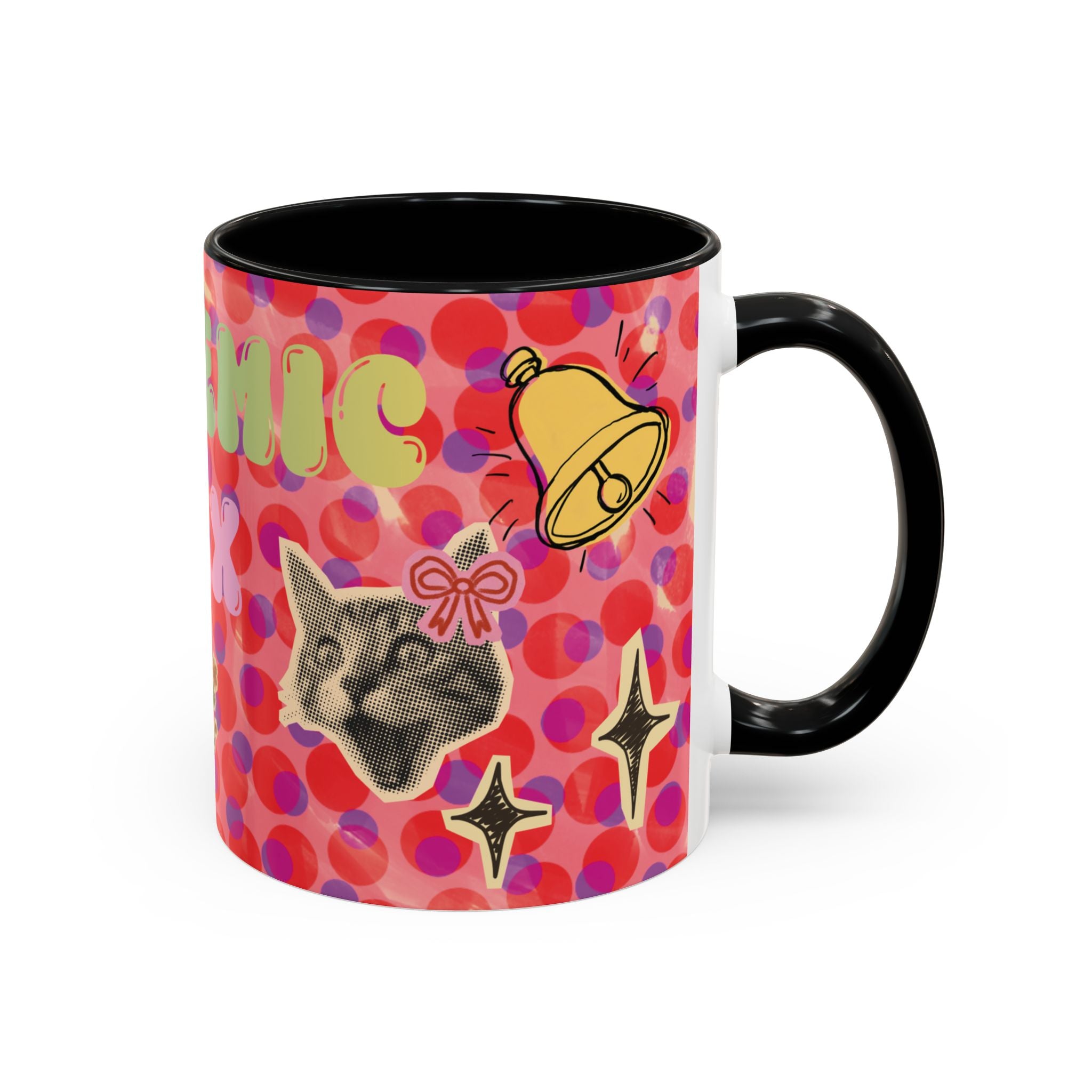 Academic Flex Coffee Mug — Retro Dots, Cat & Bell Accent Mug (11/15oz)