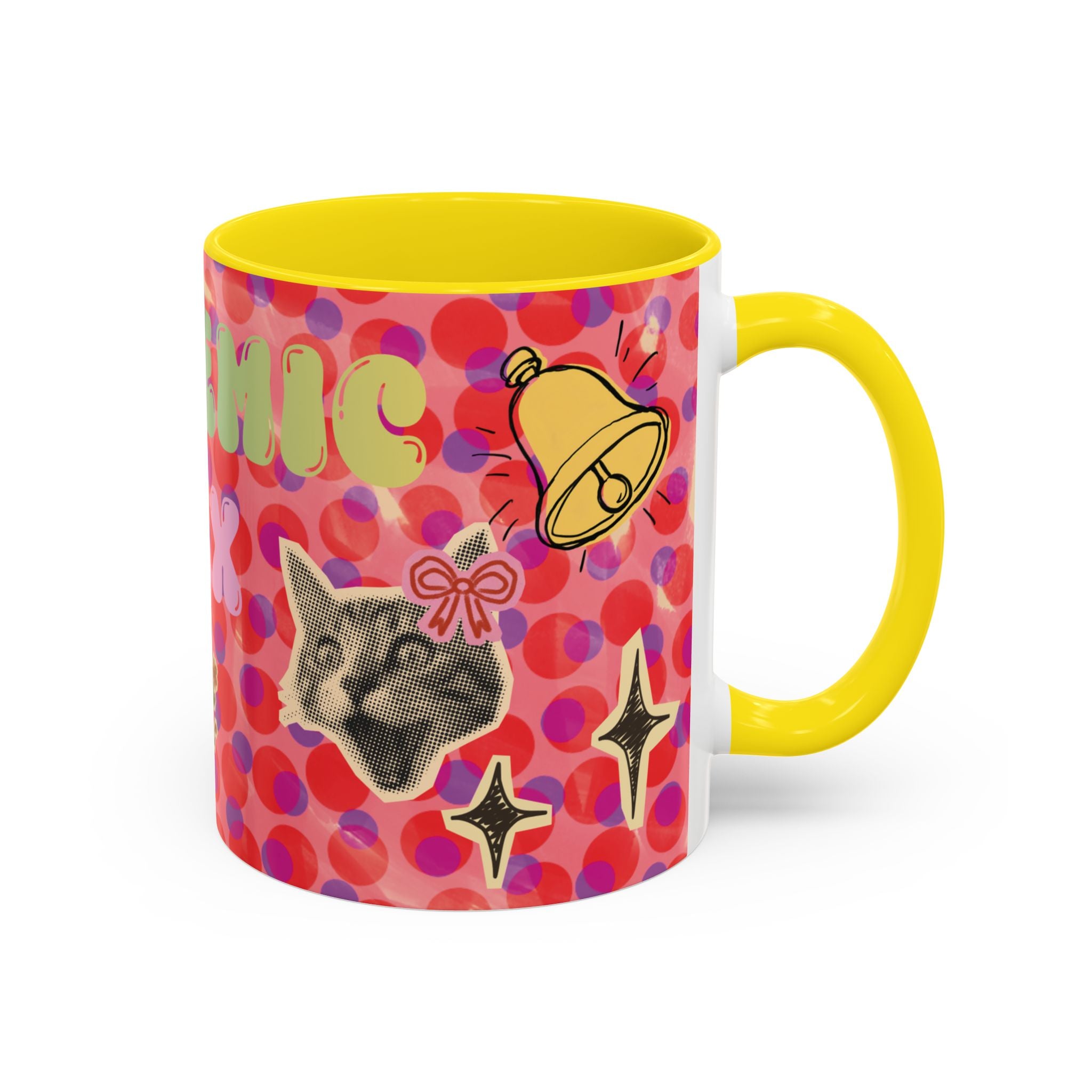 Academic Flex Coffee Mug — Retro Dots, Cat & Bell Accent Mug (11/15oz)