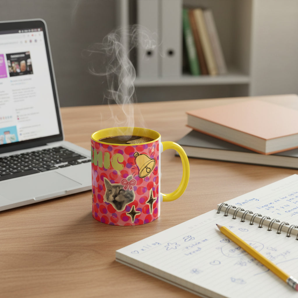 Academic Flex Coffee Mug — Retro Dots, Cat & Bell Accent Mug